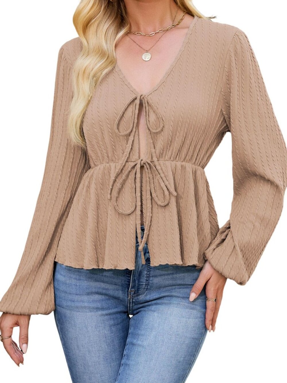 Women's V Neck Knit Top Long Sleeve Tie Front Shirts Tunics